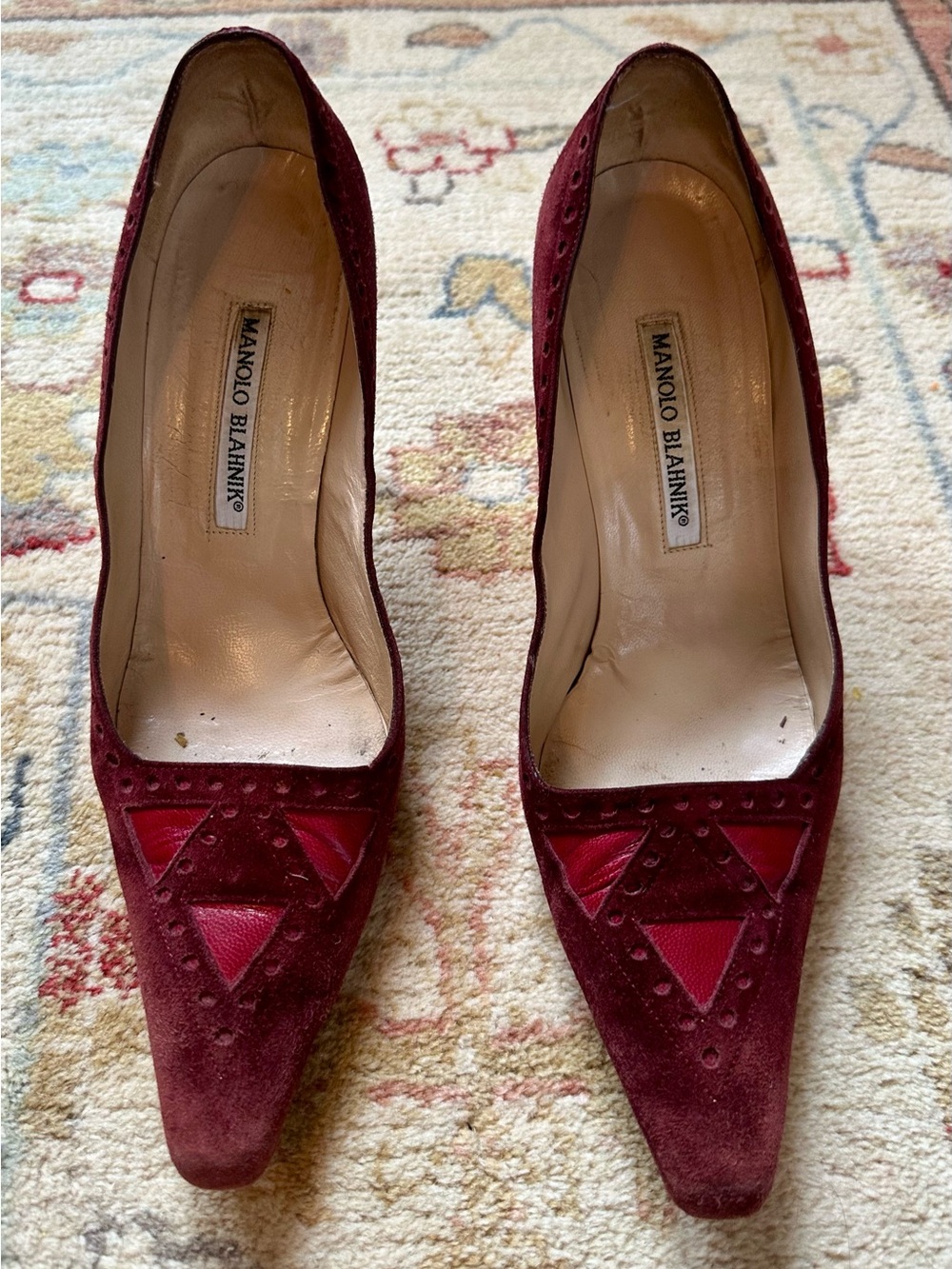 Manolo Blahnik Burgundy Suede Pointed Toe Pumps with Leather Insets 8